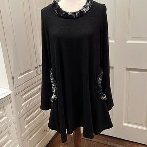 NWOT JOSEPH RIBKOFF BLACK A-LINE DRESS WITH BLACK AND WHITE FAUX FUR TRIM